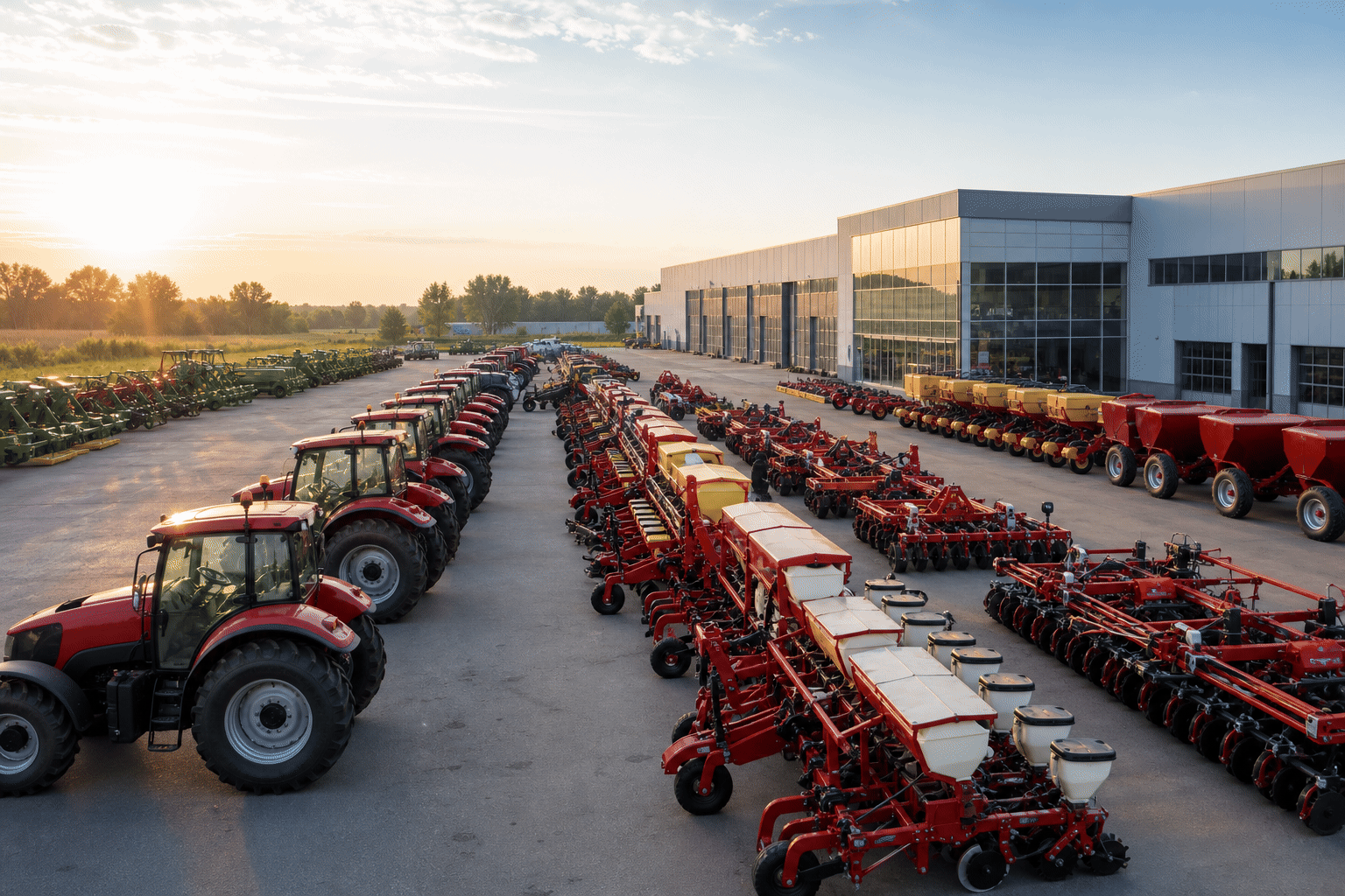 Agricultural equipment range Agricultural tractors and implements arranged in an outdoor machinery yard