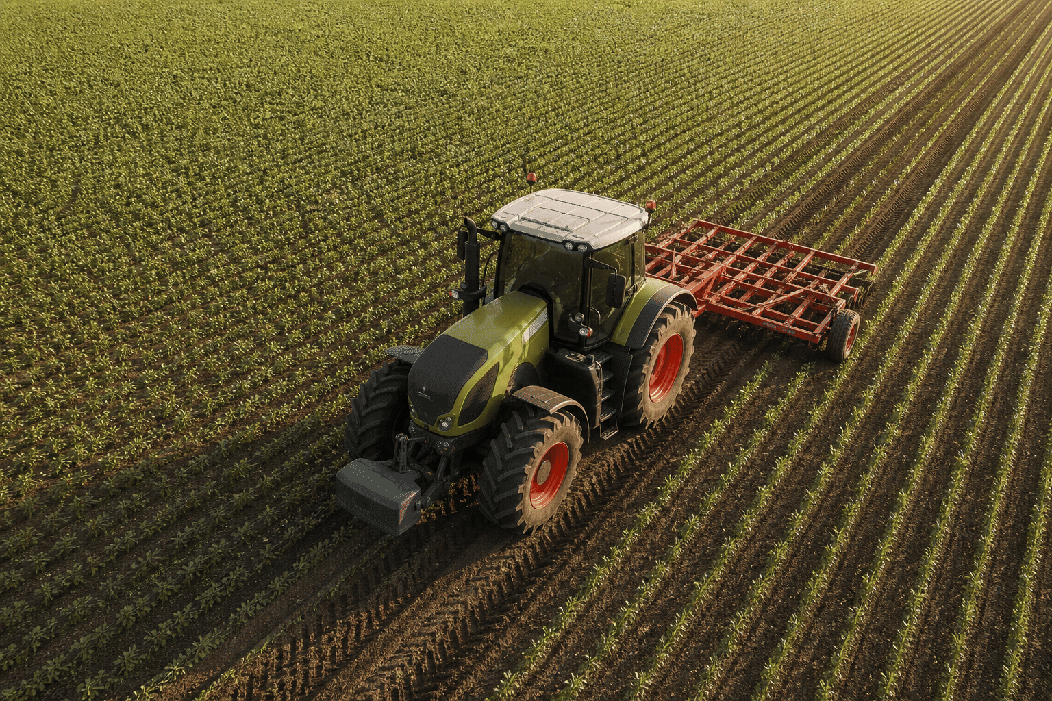 Agricultural field operation Aerial view of agricultural machinery working in straight field rows