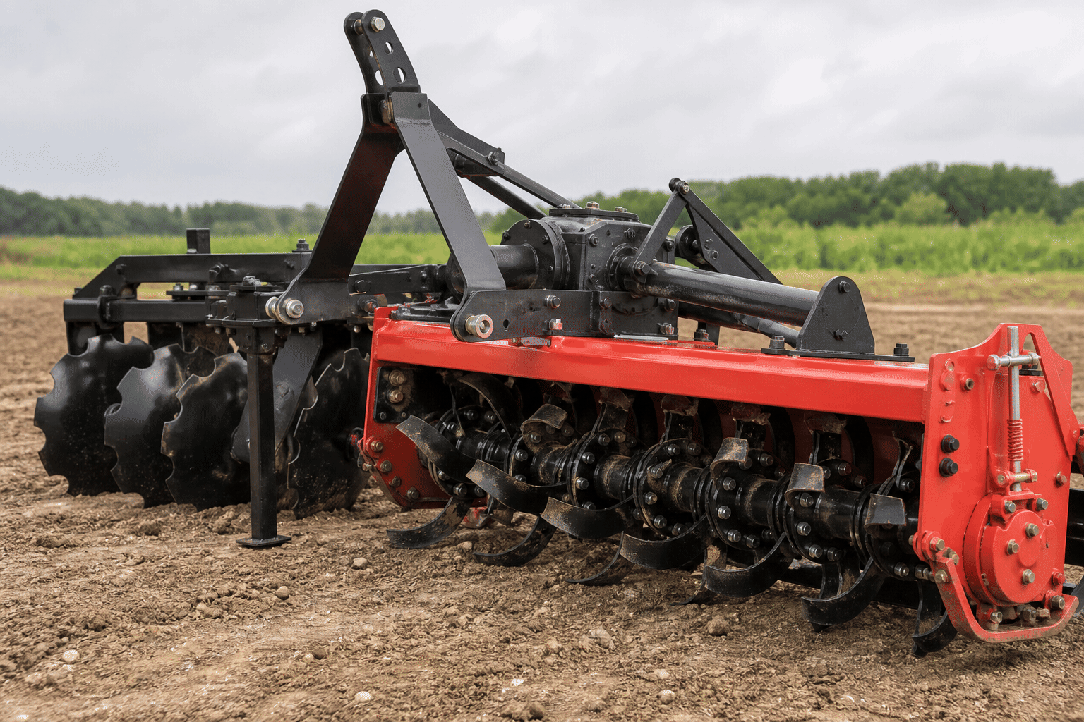 Implement construction detail Close view of a tractor implement showing discs frame and hydraulic connections