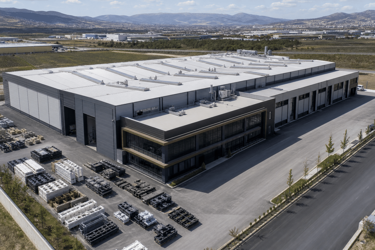 Aerial view of a modern CNC machinery manufacturing facility