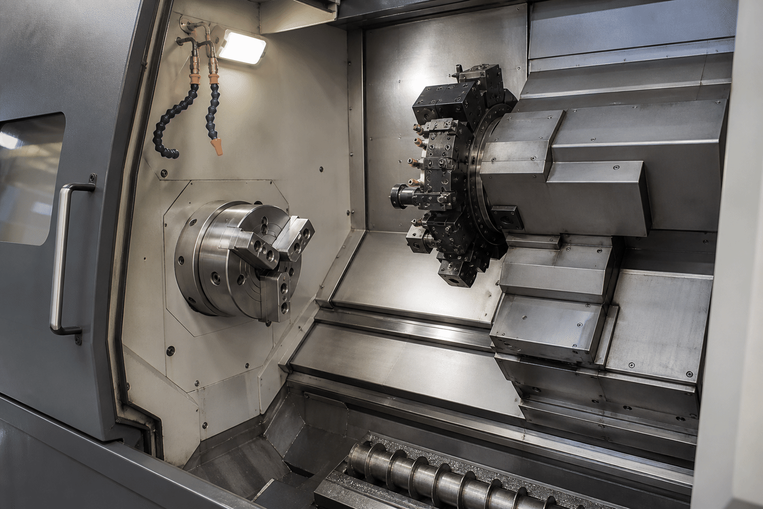 CNC turning center with the machining chamber open and tooling visible