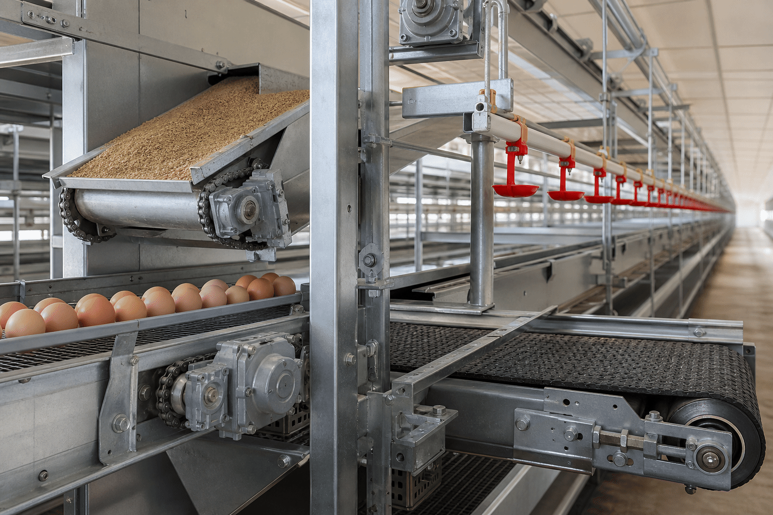 Galvanized poultry equipment with automated feed, water, egg collection and drive components