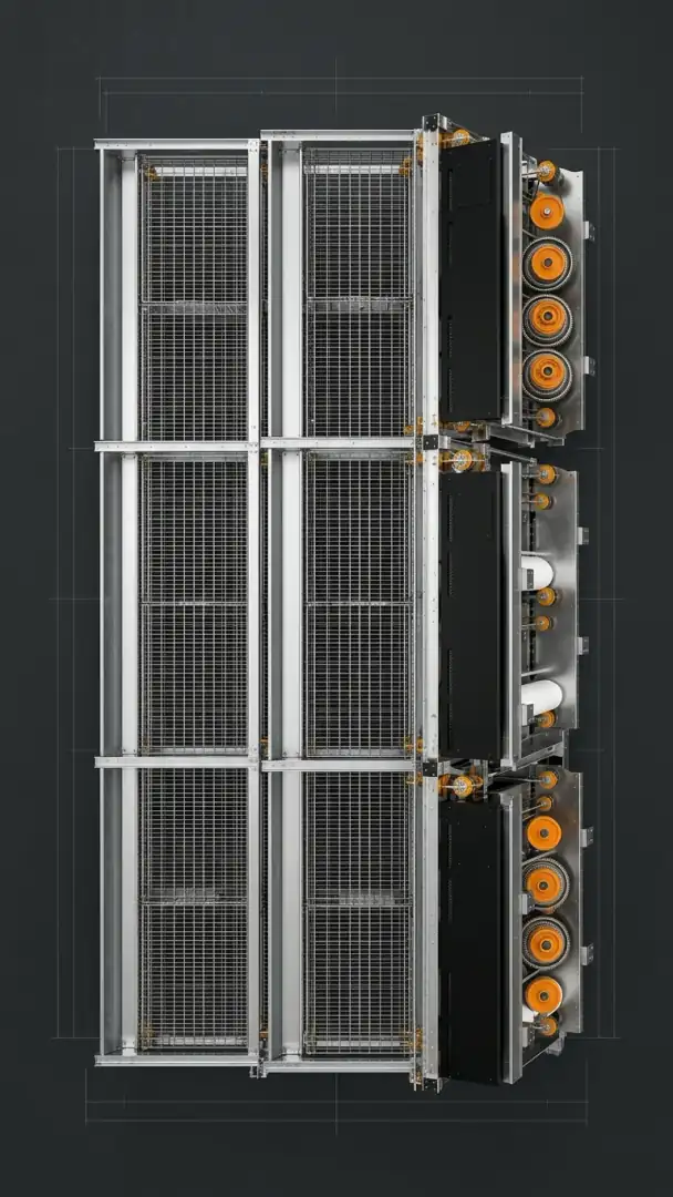 Technical elevation of a multi tier poultry cage system with drive and belt components