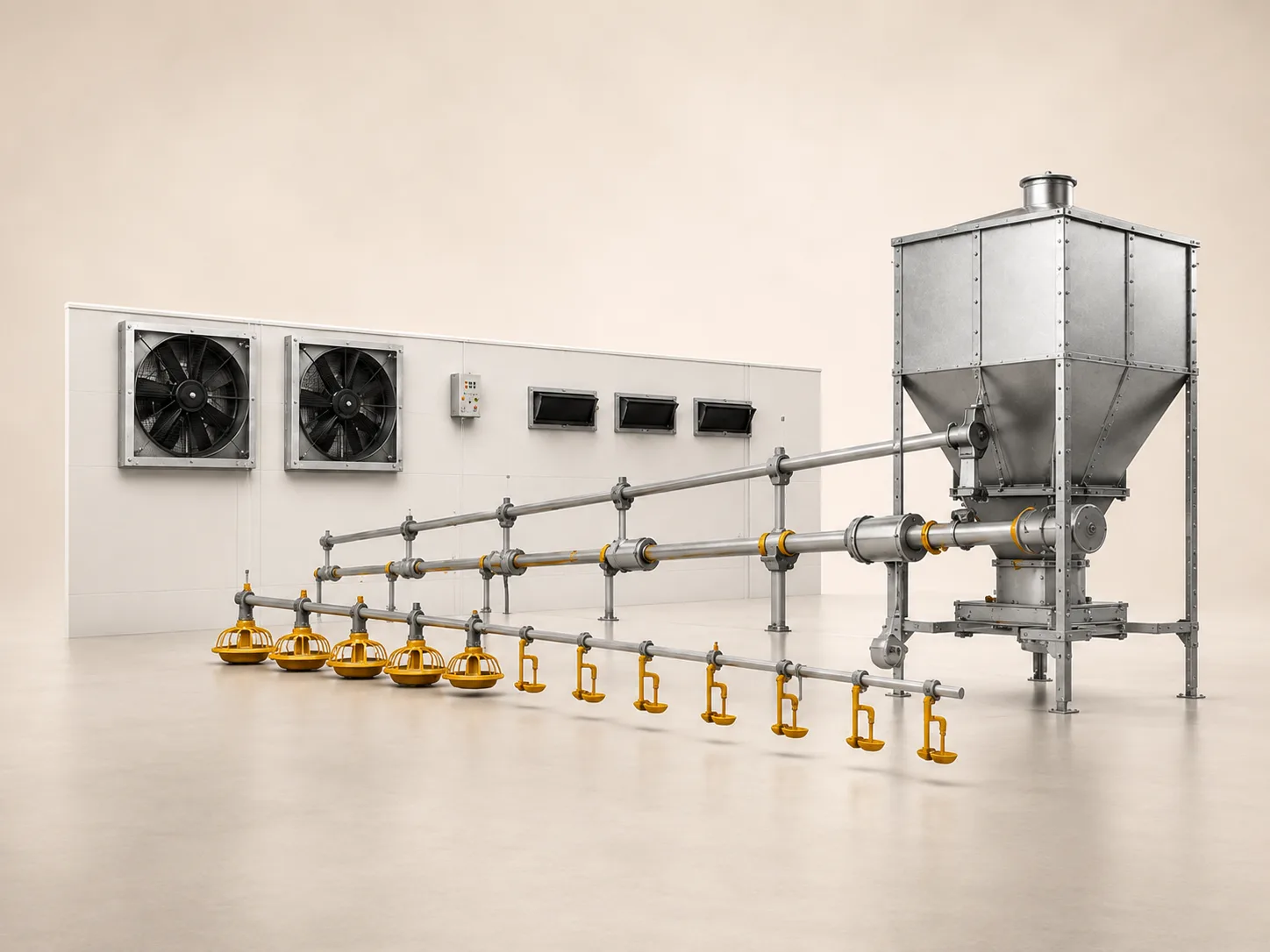 IXORTA broiler ground system with automatic feeding, drinking and climate-control integration
