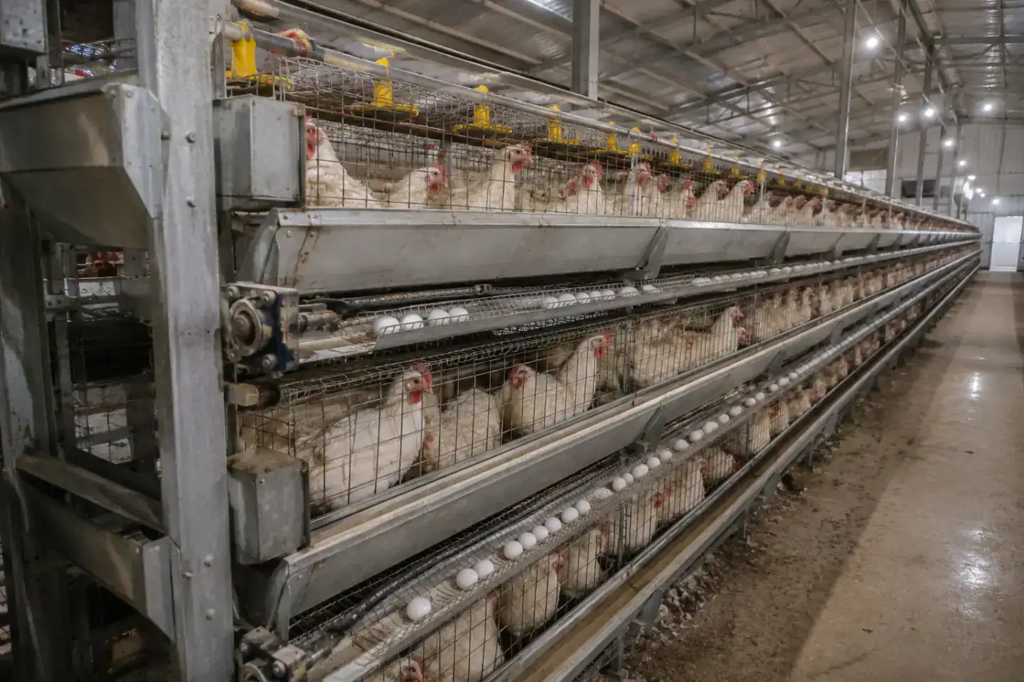 Commercial IXORTA layer cage rows installed for automated egg production
